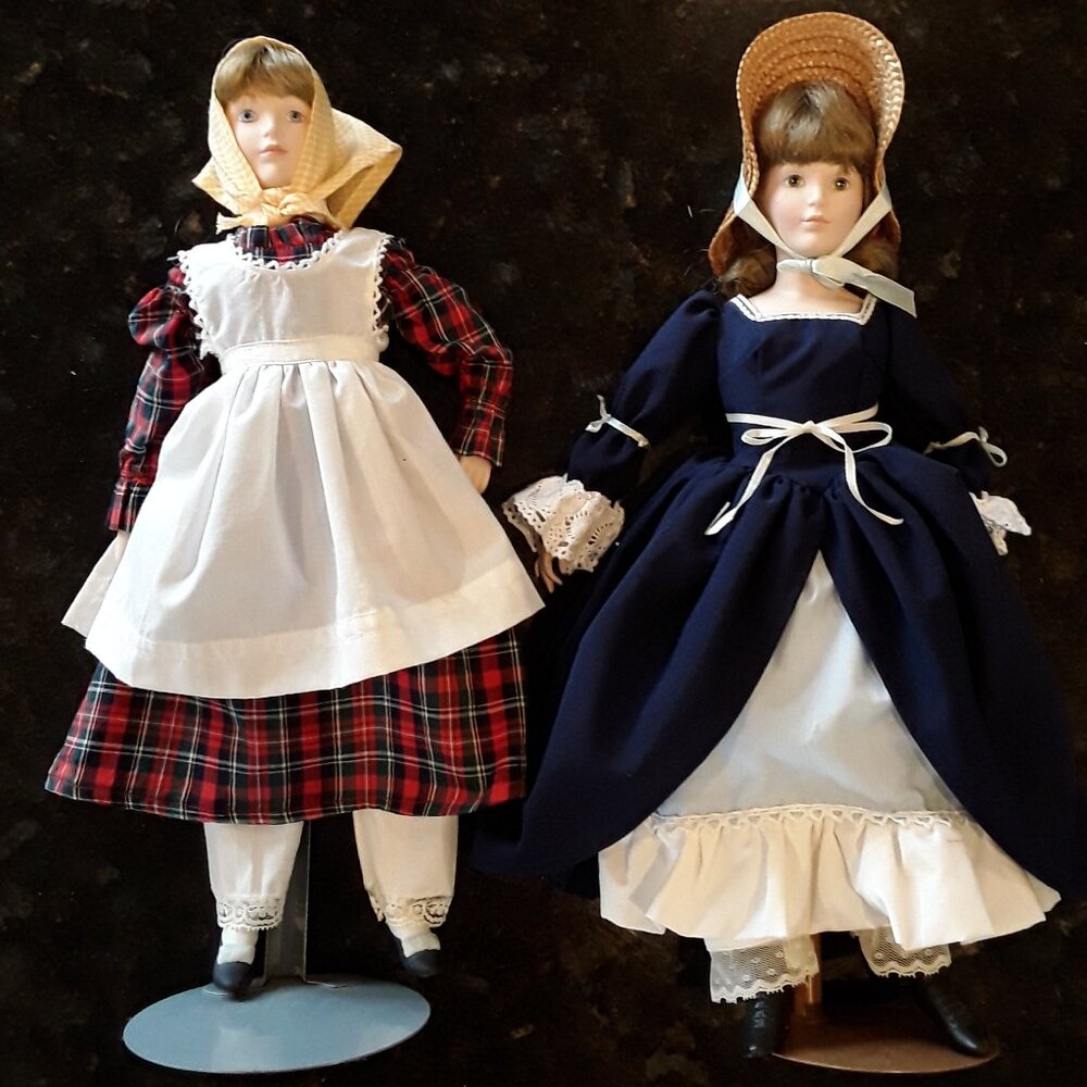 15" Vintage Bisque Dress-Up Sister Dolls with stands
